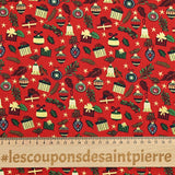Accesorios de algodón impreso y dorado fondo rojo