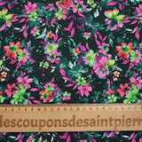 Algodón gráfico estampado floral verde bosque y fondo negro fucsia