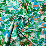 Viscose printed jacquard blue and green butterflies white background