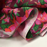 Cotton printed exotic flowers pink and green wine background