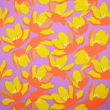 Cotton elastane satin orange flowers purple background