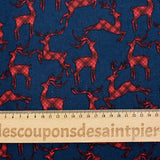 Flanelle de coton imprimée cerfs tartan rouge fond bleu marine