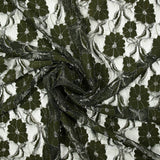 Martha metallic silver polyester lace with khaki background