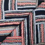Viscose satin printed with blue and red ropes, navy background