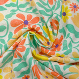 Viscose linen printed retro flowers coral and yellow white background