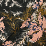 100% silk crepe de chine printed on a summer evening black background