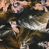 100% silk crepe de chine printed on a summer evening black background