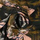 100% silk crepe de chine printed on a summer evening black background
