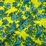 100% silk satin printed blue flowers anise background