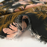 100% silk crepe de chine printed on a summer evening black background