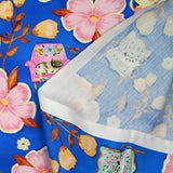 Cotton cotton printed cat chair and flowers royal blue background