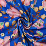 Cotton cotton printed cat chair and flowers royal blue background