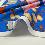 Cotton cotton printed cat chair and flowers royal blue background