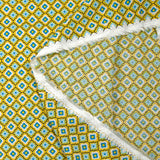 Viscose printed blue graphic flowers sunny yellow background