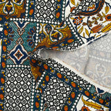 Viscose satin printed patchwork with orange, duck and navy ornament