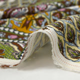 Viscose satin patchwork print with brown, apple green and ocher ornament