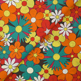 Red, orange and turquoise disco flower print cotton