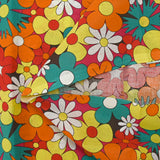 Red, orange and turquoise disco flower print cotton