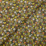 Cotton printed meadow in flowers yellow dark brown background