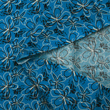 Cotton poplin printed with floral gesture on a petrol blue background