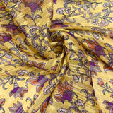 Printed muslin with purple satin stripe, ocher background