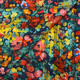Mousseline imprimée bande satin Flora corail, jaune et vert d'eau fond marine
