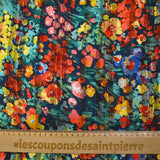 Mousseline imprimée bande satin Flora corail, jaune et vert d'eau fond marine