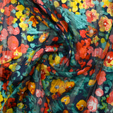 Mousseline imprimée bande satin Flora corail, jaune et vert d'eau fond marine