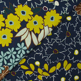 Polyester crepe printed with floral friezes on a navy background