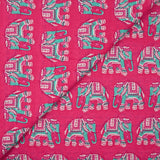 Indian cotton printed with turquoise elephant and pink background