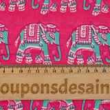 Indian cotton printed with turquoise elephant and pink background