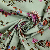 Cotton poplin printed with purple arabesque flower and green-gray background