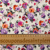 Cotton poplin printed with purple and orange rose bush on white background