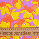 Cotton elastane satin orange flowers purple background