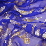 Mousseline de Soie bleu roi Lys jacquard tissées or et argent