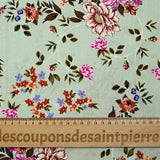 Cotton poplin printed with purple arabesque flower and green-gray background
