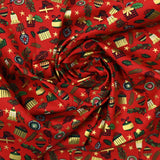 Accesorios de algodón impreso y dorado fondo rojo