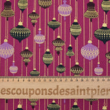 Popelina de algodón estampada con bolas navideñas vintage sobre fondo violeta
