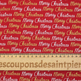 Popeline de coton imprimée Merry Christmas doré et argent fond rouge