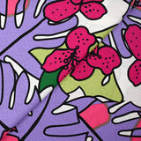 Impresión de lino viscosa jardín tropical violeta fondo blanco