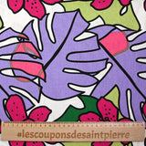 Impresión de lino viscosa jardín tropical violeta fondo blanco