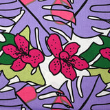 Impresión de lino viscosa jardín tropical violeta fondo blanco