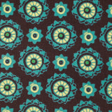 Cotton corduroy printed with turquoise rosettes and brown background
