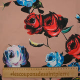Cotton elastane twill blue and red flowers old pink background