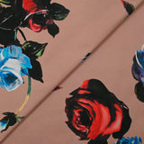 Cotton elastane twill blue and red flowers old pink background