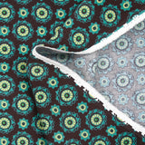 Cotton corduroy printed with turquoise rosettes and brown background