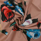 Cotton elastane twill blue and red flowers old pink background