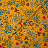 Cotton corduroy printed flowers with old-fashioned mustard background