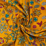 Cotton corduroy printed flowers with old-fashioned mustard background