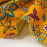 Cotton corduroy printed flowers with old-fashioned mustard background